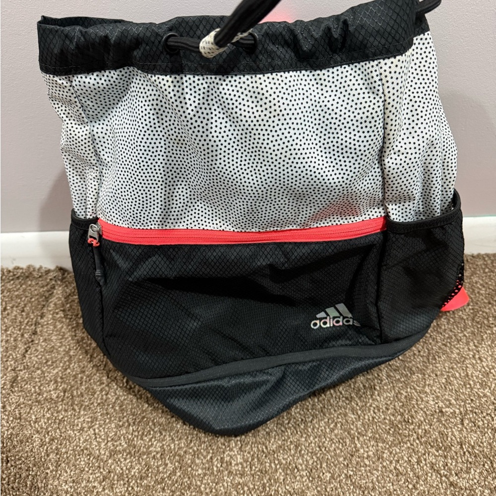 adidas Black White Drawstring Backpack with Coral Zip Accent